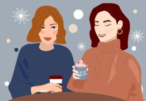 وکتور دوستهای دختر کنار هم در حال نوشیدن قهوه در زمستان