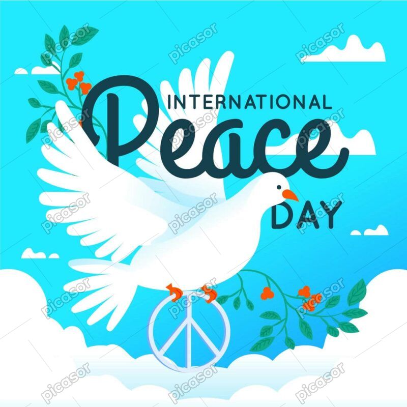 وکتور کبوتر سفید صلح در آسمان آبی پس زمینه روز جهانی صلح - وکتور کبوتر سفید با نماد رپ
