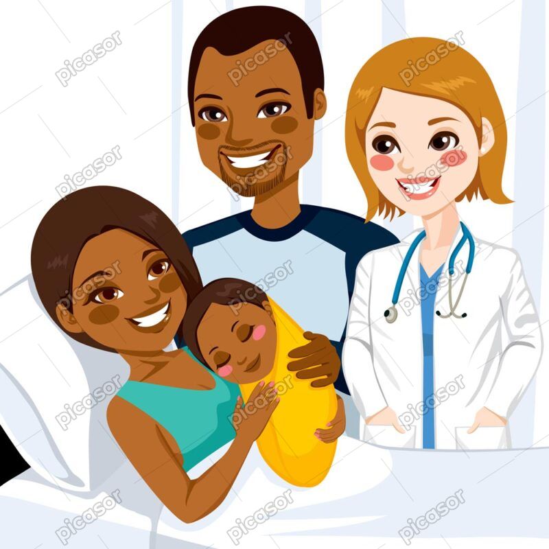 وکتور پدر و مادر و نوزاد در بیمارستان کنار پزشک زن - وکتور به دنیا آمدن نوزاد