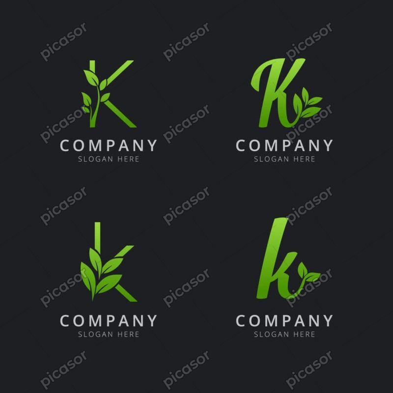 4 وکتور لوگو حرف K با برگ سبز - وکتور لوگو حروف لاتین با برگهای سبز