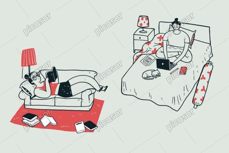 2 وکتور نقاشی دختر روی تخت و کاناپه در حال مطالعه