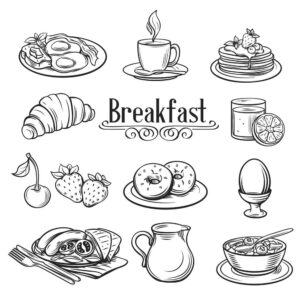 12 وکتور صبحانه بشقاب نیمرو پنکیک بیکن تخم مرغ نان فنجان چای و قهوه - وکتور نقاشی غذاهای صبحانه