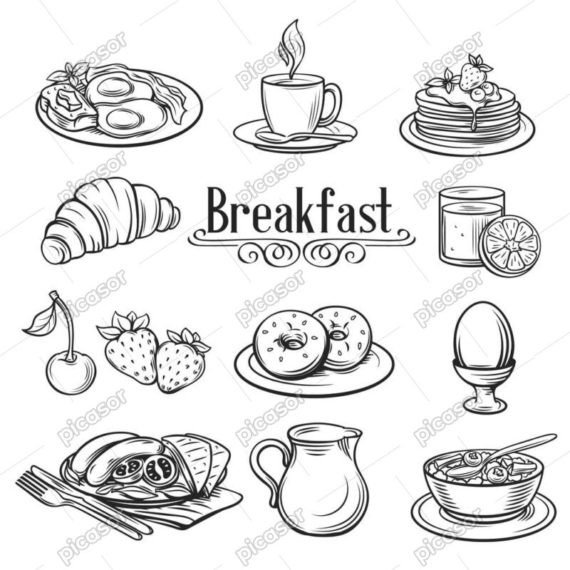 12 وکتور صبحانه بشقاب نیمرو پنکیک بیکن تخم مرغ نان فنجان چای و قهوه - وکتور نقاشی غذاهای صبحانه