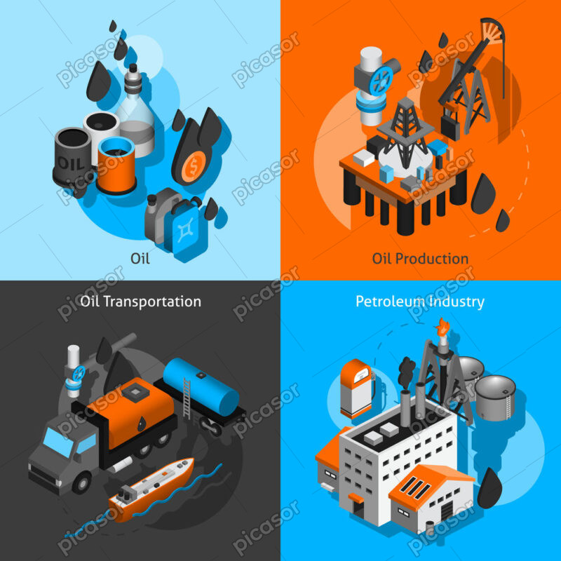 3 وکتور پتروشیمی استخراج نفت پخش فراورده های نفتی طرح آیکون سه بعدی صنعت نفت