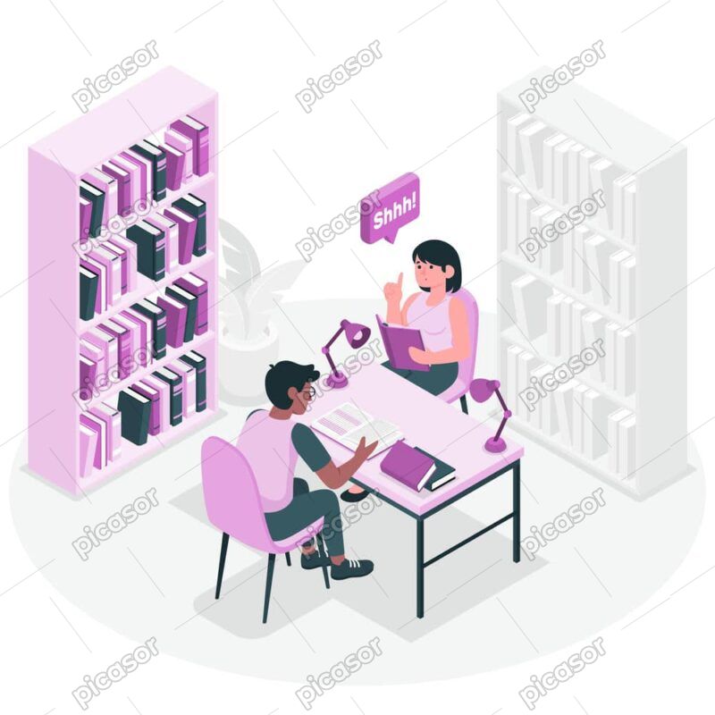 وکتور دختر و پسر در کتابخانه در حال مطالعه - وکتور مطالعه در کتابخانه
