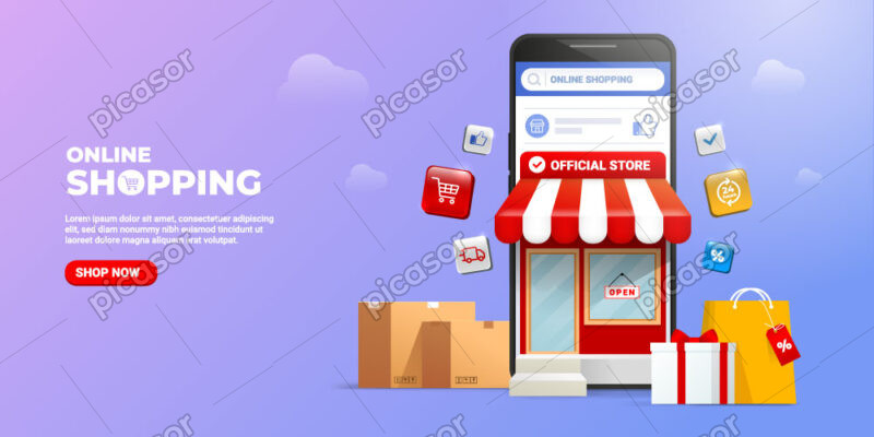 وکتور اپلیکیشن فروشگاه آنلاین با فروشگاه در موبایل - وکتور پس زمینه فروشگاه و خرید