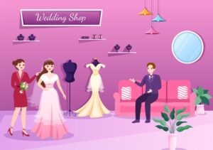 وکتور عروس و داماد در مزون لباس عروس با فروشنده - وکتور پس زمینه مزون لباس عروسی
