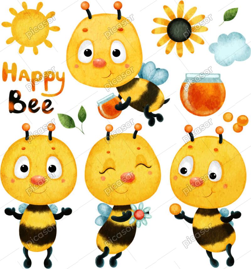 8 وکتور نقاشی زنبور عسل گل خورشید سبک آبرنگی