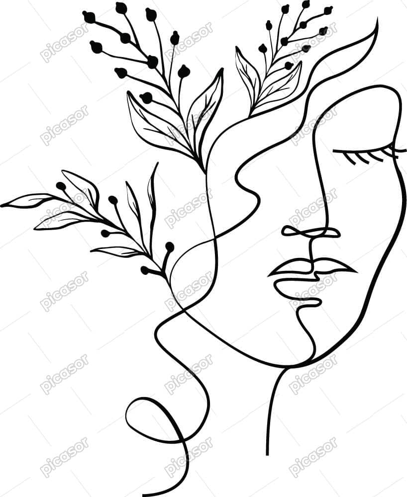وکتور پرتره زن جوان خطی با گل وکتور پرتره زن جوان خطی با گل