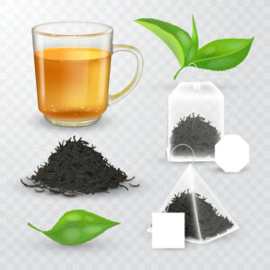 6 وکتور چای کیسه ای تی بگ با چای سیاه و برگ چای سبز و لیوان چای