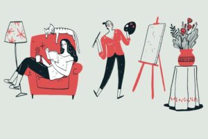 2 وکتور نقاشی دختر نقاش و دختر روی کاناپه در حال مطالعه