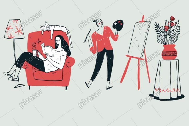 2 وکتور نقاشی دختر نقاش و دختر روی کاناپه در حال مطالعه