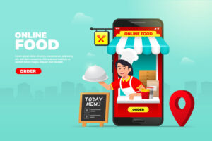 وکتور اپلیکیشن سفارش آنلاین غذا - وکتور مغازه و آشپز با موبایل