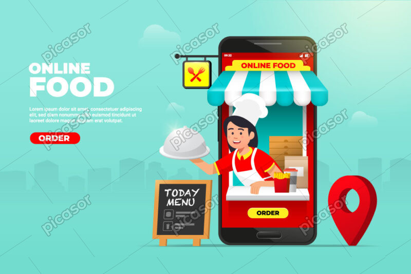 وکتور اپلیکیشن سفارش آنلاین غذا - وکتور مغازه و آشپز با موبایل