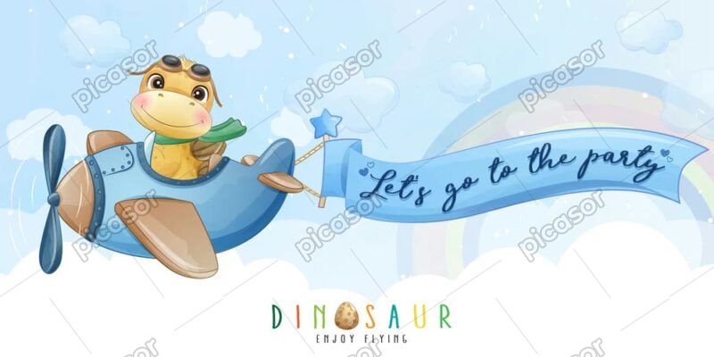وکتور دایناسور سوار هواپیما با بنر طرح کارتون - وکتور کارتونی از دایناسور خلبان