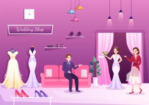 وکتور عروس و داماد در مزون لباس عروس برای خرید و پرو لباس عروس با فروشنده - وکتور پس زمینه مزون لباس عروسی