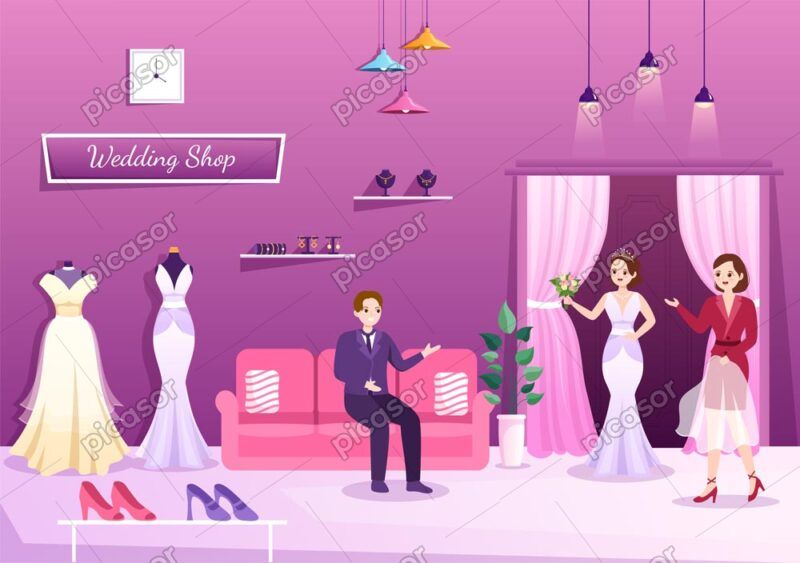 وکتور عروس و داماد در مزون لباس عروس برای خرید و پرو لباس عروس با فروشنده - وکتور پس زمینه مزون لباس عروسی
