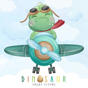 وکتور کارتونی از دایناسور خلبان - وکتور دایناسور سوار هواپیما طرح کارتون