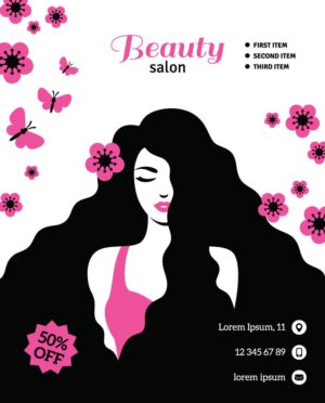 وکتور پوستر دختر با موی بلند و گل - وکتور پوستر سالن زیبایی و آرایشگاه زنانه