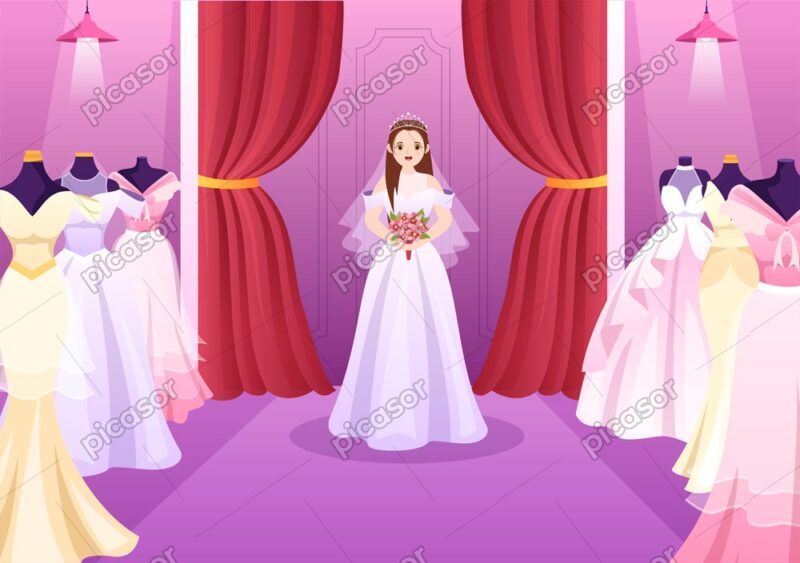 وکتور عروس زیبا با دسته گل در مزون لباس در حال پرو لباس عروس - وکتور فروش لباس عروسی