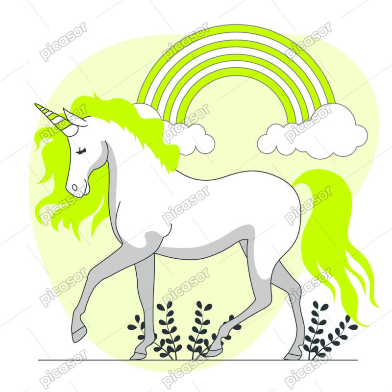 وکتور اسب تکشاخ سفید با رنگین کمان طرح نقاشی فلت