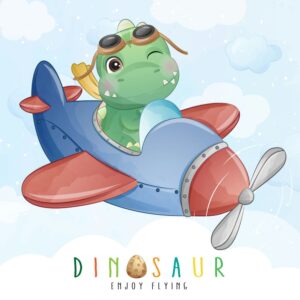 وکتور بچه دایناسور سوار هواپیما طرح کارتون - وکتور دایناسور خلبان