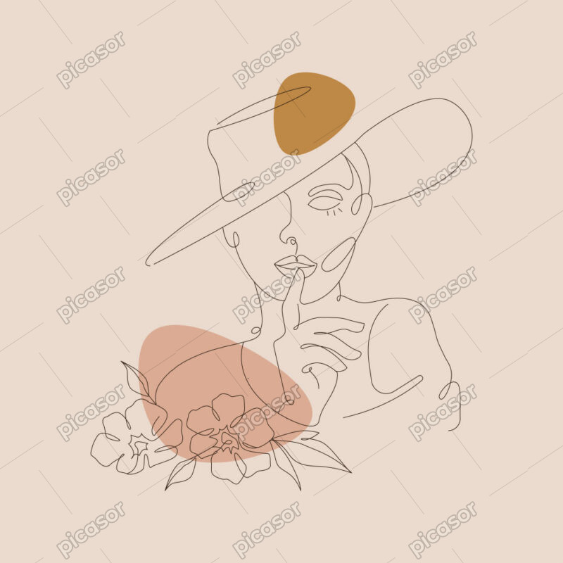 وکتور پرتره خطی زن با کلاه و گل - وکتور دختر خطی با گل و کلاه