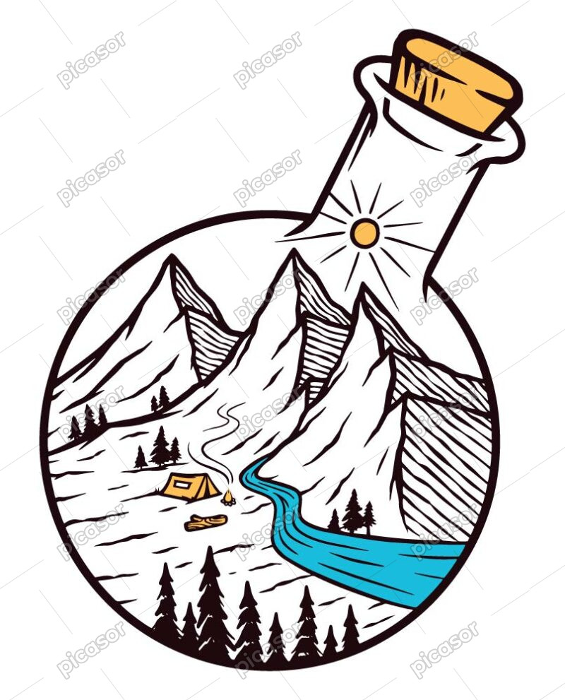 وکتور کوهستان داخل بطری با رودخانه و چادر کمپ طرح تصویرسازی سورئال از کمپ کوهستان
