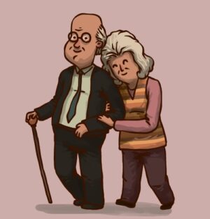 وکتور زوج پیر در حال قدم زدن - وکتور پیرمرد و پیرزن شاد کنار هم