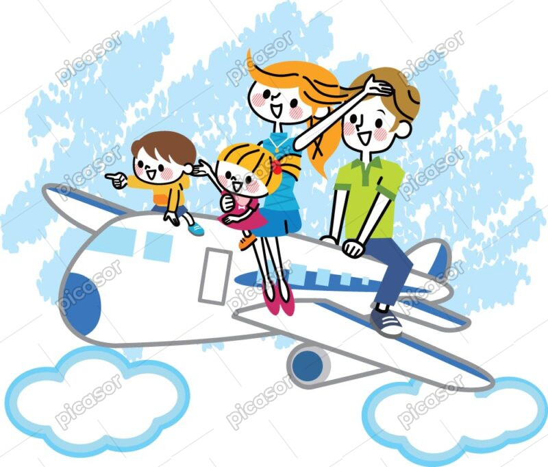 وکتور نقاشی خانواده روی هواپیما طرح نقاشی انیمیشن بامزه کارتونی