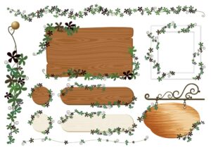 10 وکتور تابلوی چوبی با برگهای سبز - وکتور شاخه برگ دور قاب تخته چوبی