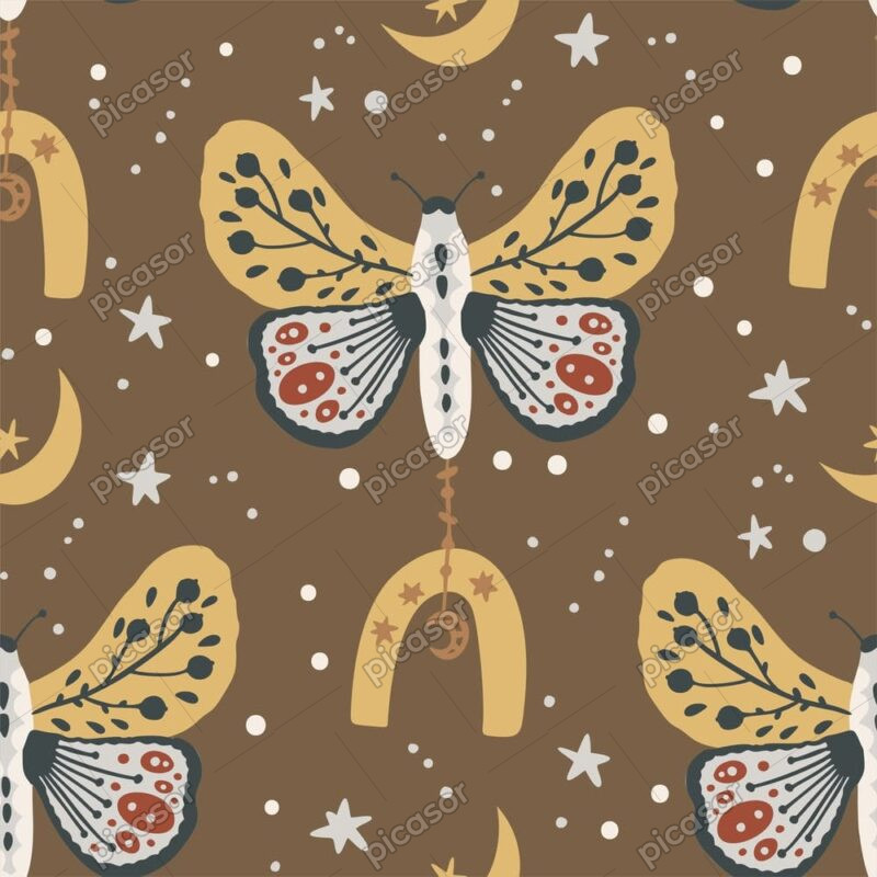 وکتور پترن پروانه با ماه و ستاره طرح بوهو - وکتور الگو بوهمین طرح شاپرک و پروانه