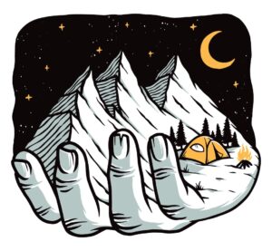 وکتور کوهستان در دست با چادر کمپ طرح تصویرسازی سورئال از کمپ کوهستان با آسمان شب