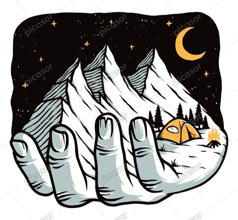 وکتور کوهستان در دست با چادر کمپ طرح تصویرسازی سورئال از کمپ کوهستان با آسمان شب