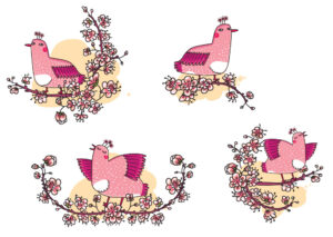 4 وکتور پرنده روی شاخه شکوفه گیلاس سبک نقاشی ژاپنی