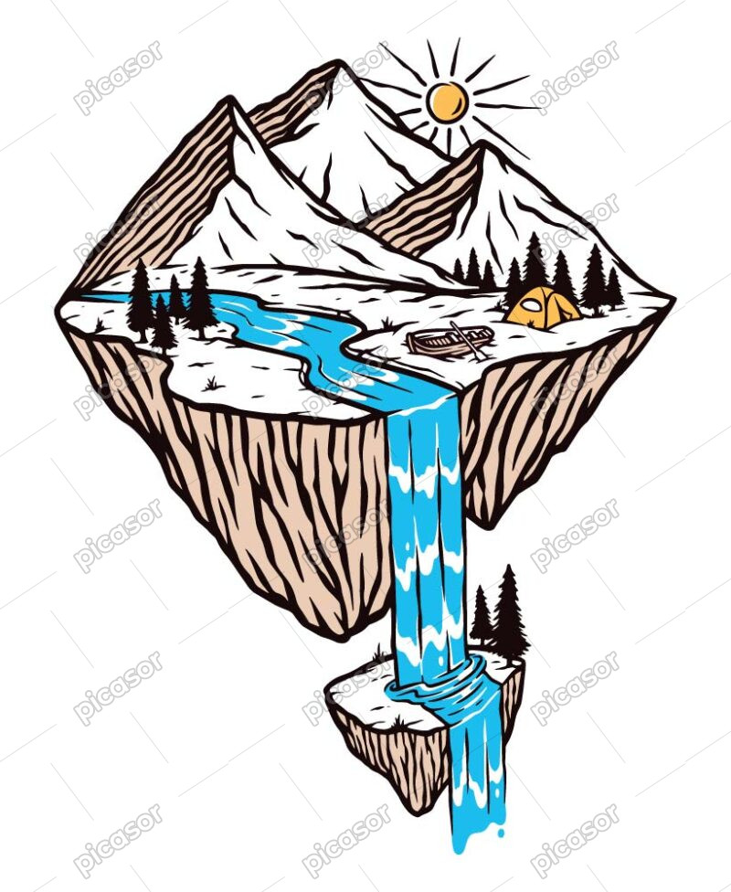 وکتور کوهستان کنده شده با آبشار و چادر کمپ طرح تصویرسازی سورئال از کمپ کوهستان