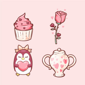 وکتور شاخه گل رز کاپ کیک پنگوئن کارتونی عاشق - وکتور نمادهای ولنتاین و روز عشق