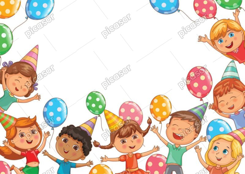وکتور قاب جشن تولد با بچه های شاد طرح کارتون