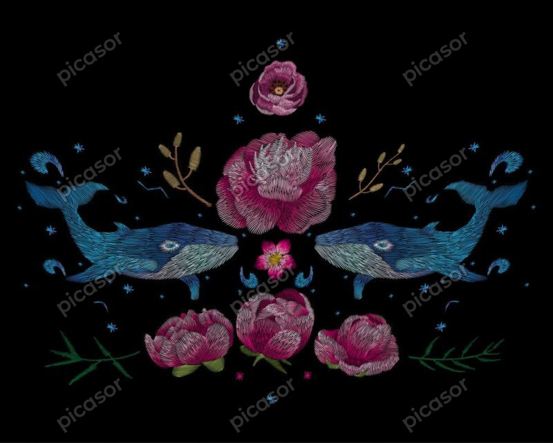 وکتور گلدوزی نهنگ آبی با گلهای قرمز