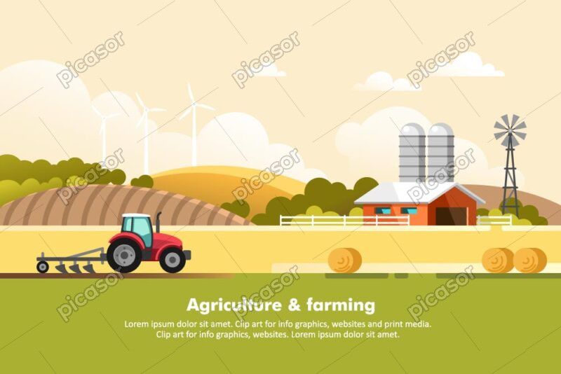 وکتور پس زمینه کشاورزی و مزرعه صنعتی با تراکتور و توربین بادی