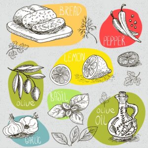 13 وکتور نقاشی فلفل زیتون لیمو سیر - وکتور نقاشی سبزیجات و مواد غذایی سبک اسکچ