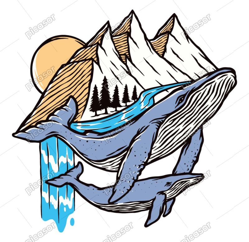 وکتور نقاشی کوهستان با نهنگ و آبشار طرح تصویرسازی سورئال از نهنگ با کوهستان