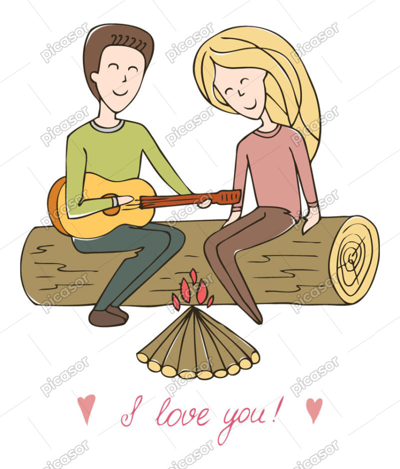 وکتور نقاشی مرد و زن عاشق در جنگل در حال گیتار زدن دور آتش