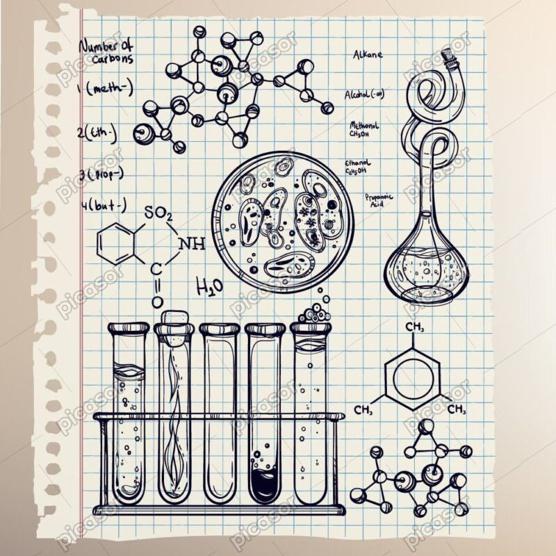 7 وکتور نقاشی فرمول و تجهیزات آزمایشگاه شیمی و لابراتوار - وکتور پس زمینه شیمی روی کاغذ