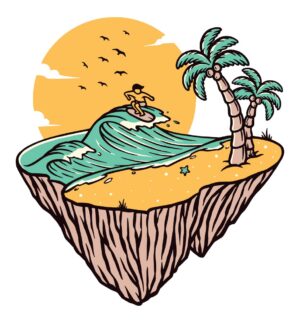 وکتور موج سواری با جزیره کنده شده طرح تصویر سازی سورئال