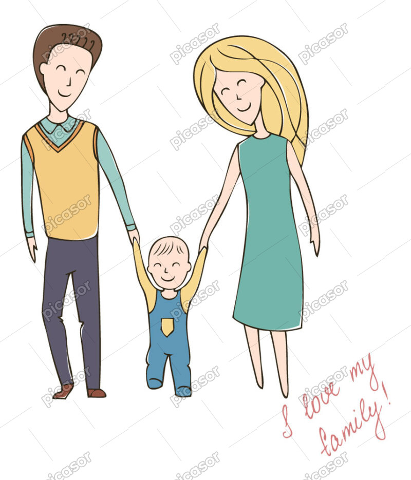 وکتور نقاشی خانواده جوان و شاد - وکتور مادر و پدر و فرزند کنار هم