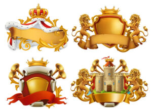 4 وکتور تاج و شیر طلایی و شنل پادشاه روی سپر طلایی- وکتور شیر تاج سلطنتی و قلعه پادشاهی طرح سه بعدی واقعی