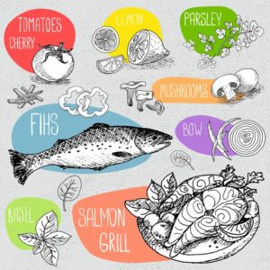 13 وکتور نقاشی قارچ ماهی لیمو گشنیز گوجه فرنگی بشقاب ماهی سالمون گریل شده - وکتور نقاشی سبزیجات و مواد غذایی سبک اسکچ