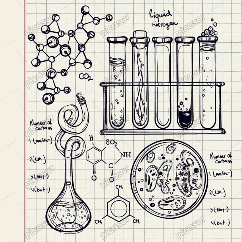 7 وکتور فرمول و تجهیزات آزمایشگاه شیمی و لابراتوار - وکتور پس زمینه شیمی روی کاغذ