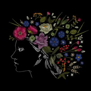 وکتور گلدوزی صورت زن با گلهای رنگی - وکتور گلدوزی صورت زن با تاج گل